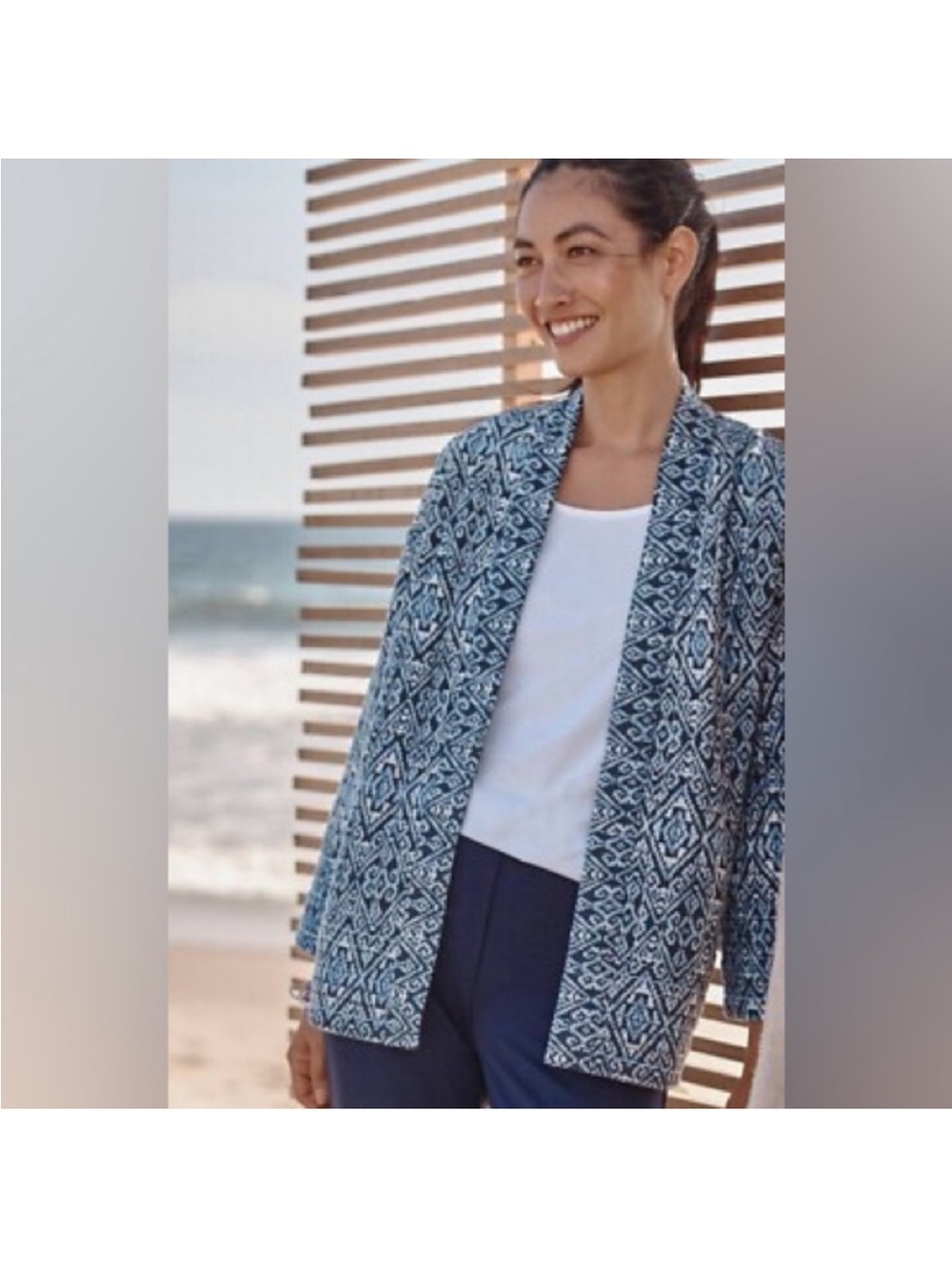 J. Jill Blue and White Geometric Open-Front quilted jacket 100%cotton